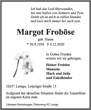 Anzeige  Margot Froböse  Lippische Landes-Zeitung