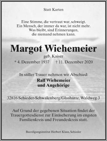 Anzeige  Margot Wiehemeier  Lippische Landes-Zeitung