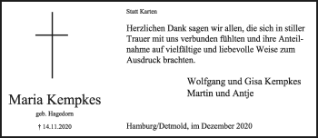 Anzeige  Maria Kempkes  Lippische Landes-Zeitung