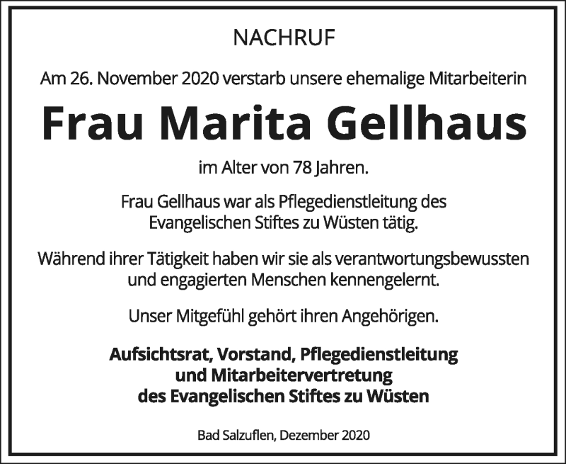  Traueranzeige für Marita Gellhaus vom 12.12.2020 aus Lippische Landes-Zeitung