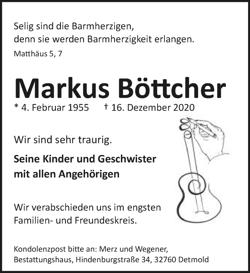  Traueranzeige für Markus Böttcher vom 24.12.2020 aus Lippische Landes-Zeitung