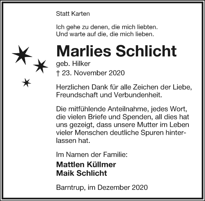  Traueranzeige für Marlies Schlicht vom 31.12.2020 aus Lippische Landes-Zeitung