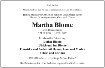 Anzeige  Martha Blome  Lippische Landes-Zeitung