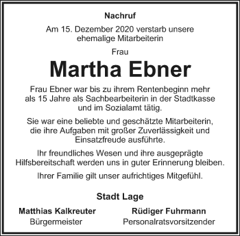 Anzeige  Martha Ebner  Lippische Landes-Zeitung