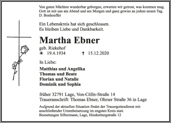 Anzeige  Martha Ebner  Lippische Landes-Zeitung