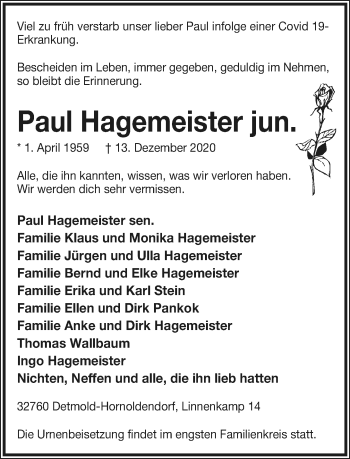 Anzeige  Paul Hagemeister  Lippische Landes-Zeitung