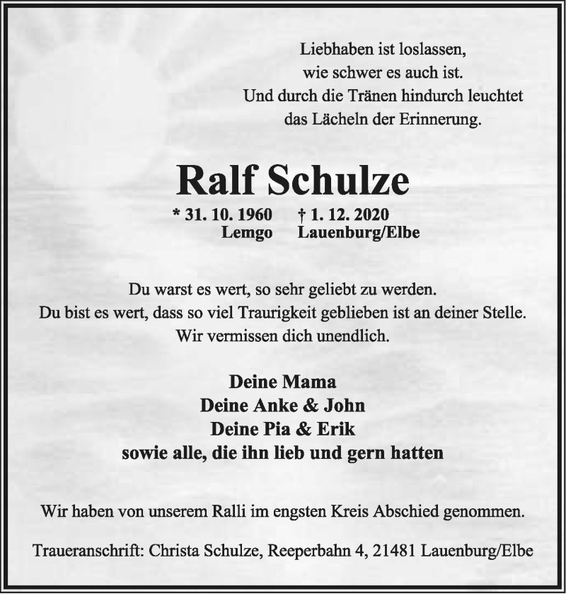 Traueranzeige für Ralf Schulze vom 12.12.2020 aus Lippische Landes-Zeitung