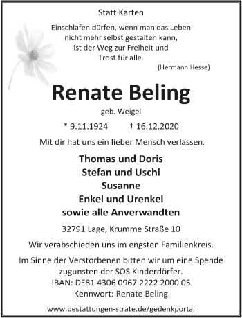 Anzeige  Renate Beling  Lippische Landes-Zeitung