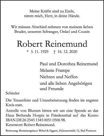 Anzeige  Robert Reinemund  Lippische Landes-Zeitung