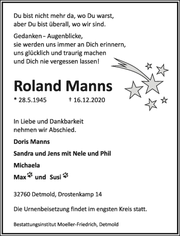 Anzeige  Roland Manns  Lippische Landes-Zeitung
