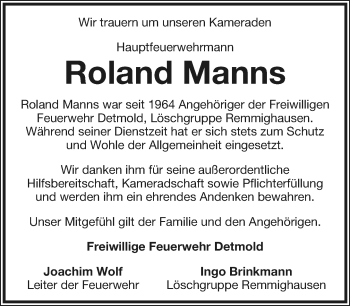 Anzeige  Roland Manns  Lippische Landes-Zeitung