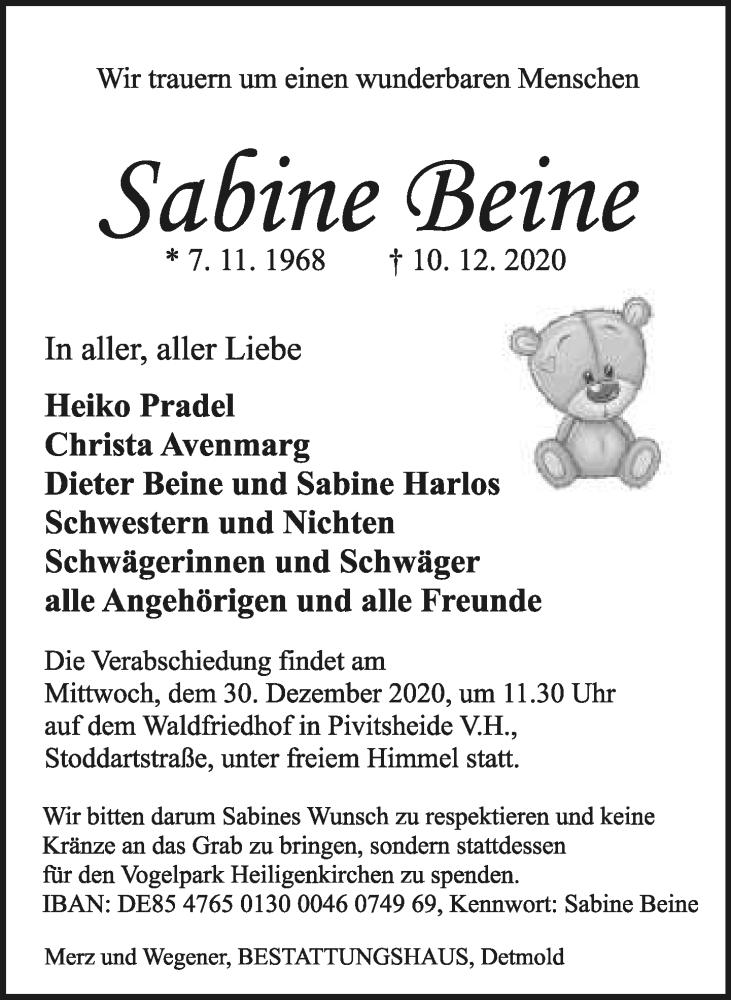  Traueranzeige für Sabine Beine vom 19.12.2020 aus Lippische Landes-Zeitung