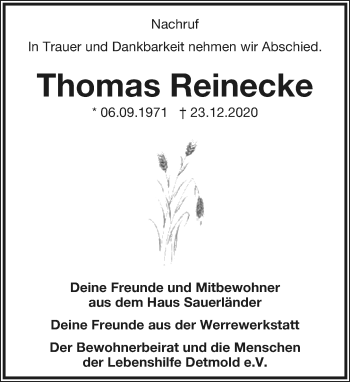 Anzeige  Thomas Reinecke  Lippische Landes-Zeitung