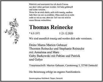 Anzeige  Thomas Reinecke  Lippische Landes-Zeitung