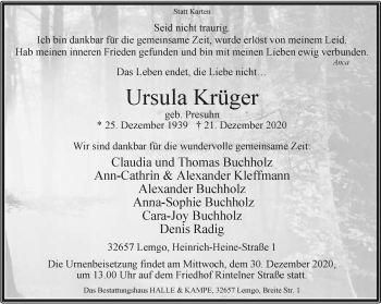 Anzeige  Ursula Krüger  Lippische Landes-Zeitung