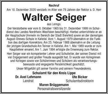 Anzeige  Walter Seiger  Lippische Landes-Zeitung