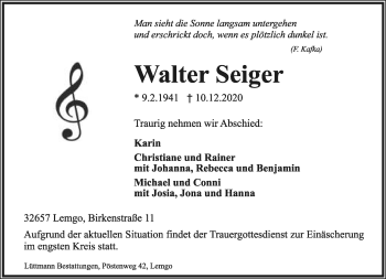 Anzeige  Walter Seiger  Lippische Landes-Zeitung