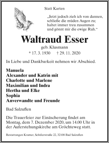Anzeige  Waltraud Esser  Lippische Landes-Zeitung