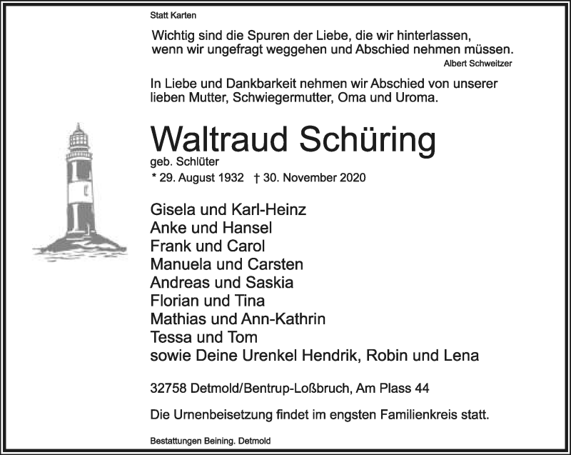  Traueranzeige für Waltraud Schüring vom 05.12.2020 aus Lippische Landes-Zeitung