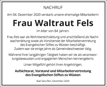 Anzeige  Waltraut Fels  Lippische Landes-Zeitung