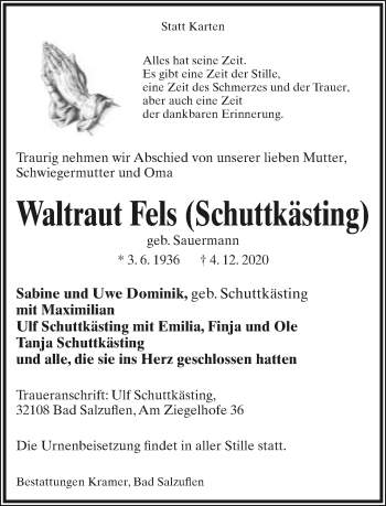 Anzeige  Waltraut Fels  Lippische Landes-Zeitung