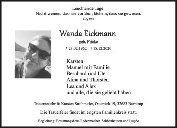Anzeige  Wanda Eickmann  Lippische Landes-Zeitung