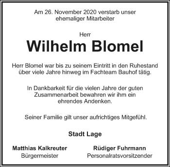 Anzeige  Wilhelm Blomel  Lippische Landes-Zeitung
