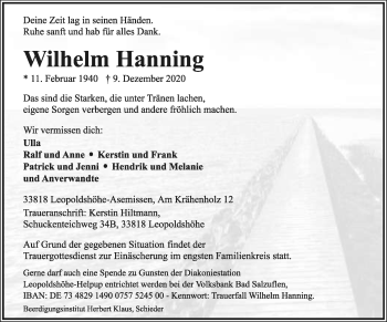 Anzeige  Wilhelm Hanning  Lippische Landes-Zeitung