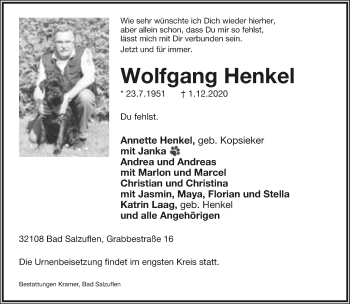 Anzeige  Wolfgang Henkel  Lippische Landes-Zeitung