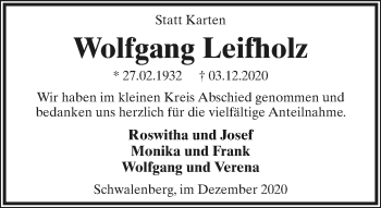 Anzeige  Wolfgang Leifholz  Lippische Landes-Zeitung