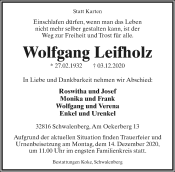 Anzeige  Wolfgang Leifholz  Lippische Landes-Zeitung