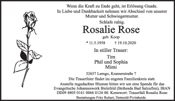 Anzeige  Rosalie Rose  Lippische Landes-Zeitung