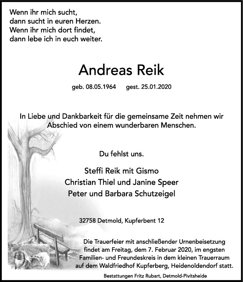  Traueranzeige für Andreas Reik vom 01.02.2020 aus Lippische Landes-Zeitung