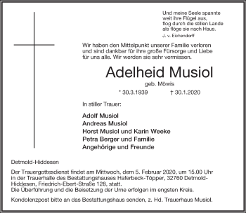 Anzeige  Adelheid Musiol  Lippische Landes-Zeitung