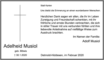 Anzeige  Adelheid Musiol  Lippische Landes-Zeitung