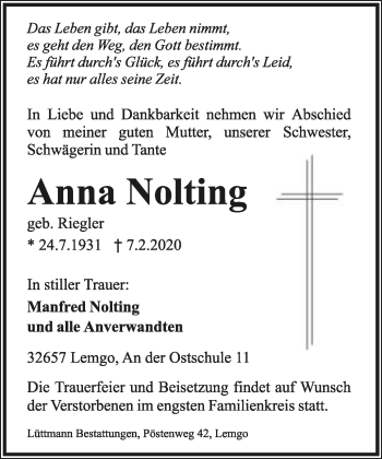 Anzeige  Anna Nolting  Lippische Landes-Zeitung