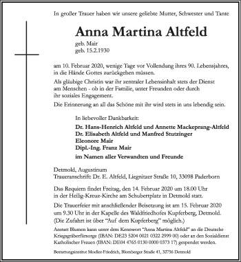 Anzeige  Anna Martina Altfeld  Lippische Landes-Zeitung