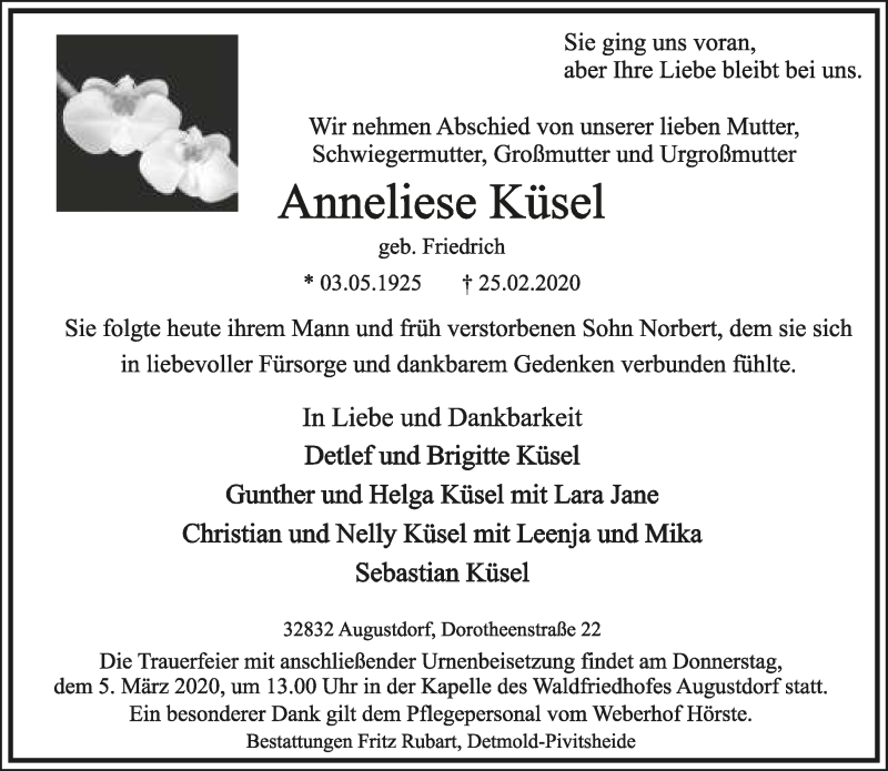  Traueranzeige für Anneliese Küsel vom 29.02.2020 aus Lippische Landes-Zeitung