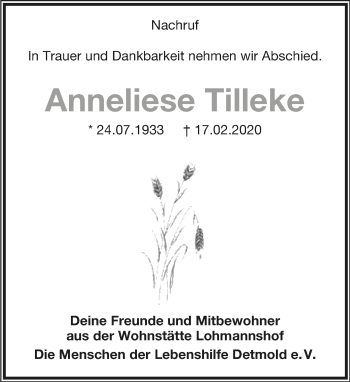 Anzeige  Anneliese Tilleke  Lippische Landes-Zeitung