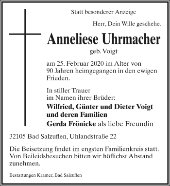 Anzeige  Anneliese Uhrmacher  Lippische Landes-Zeitung