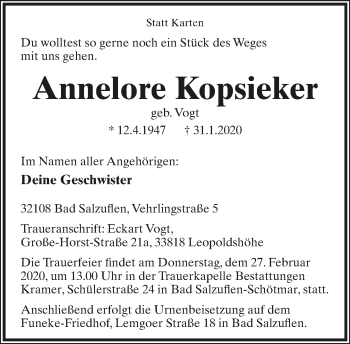 Anzeige  Annelore Kopsieker  Lippische Landes-Zeitung