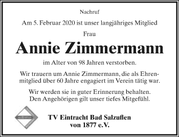 Anzeige  Annie Zimmermann  Lippische Landes-Zeitung