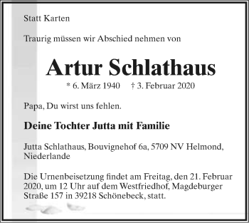 Anzeige  Artur Schlathaus  Lippische Landes-Zeitung