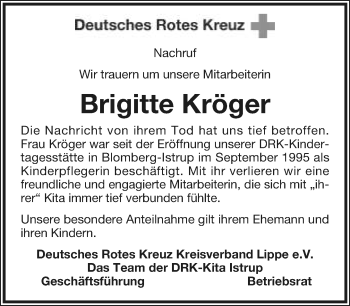 Anzeige  Brigitte Kröger  Lippische Landes-Zeitung