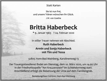 Anzeige  Britta Haberbeck  Lippische Landes-Zeitung
