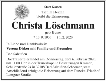 Anzeige  Christa Löschmann  Lippische Landes-Zeitung