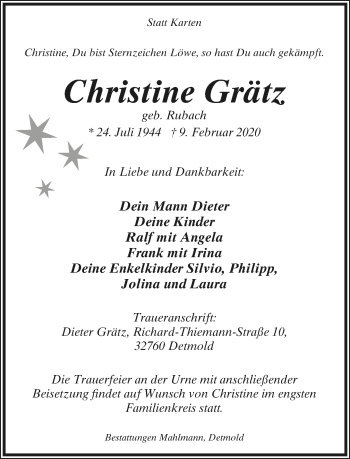Anzeige  Christine Grätz  Lippische Landes-Zeitung