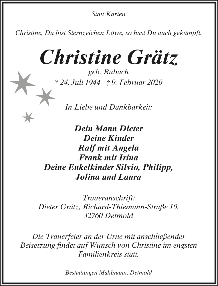  Traueranzeige für Christine Grätz vom 15.02.2020 aus Lippische Landes-Zeitung