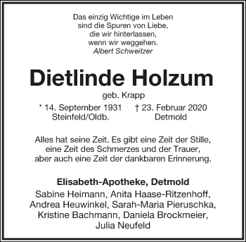 Anzeige  Dietlinde Holzum  Lippische Landes-Zeitung
