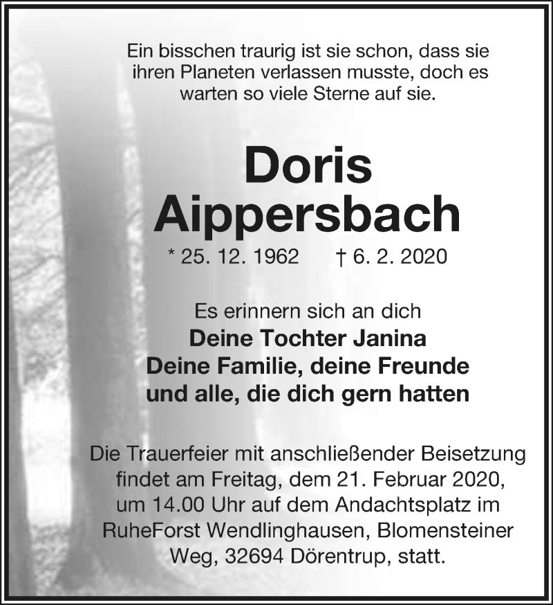  Traueranzeige für Doris Aippersbach vom 15.02.2020 aus Lippische Landes-Zeitung